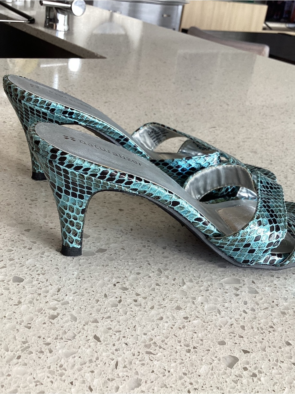 Naturalizer Metallic Teal Snake-Print Kitten Heel Sandals